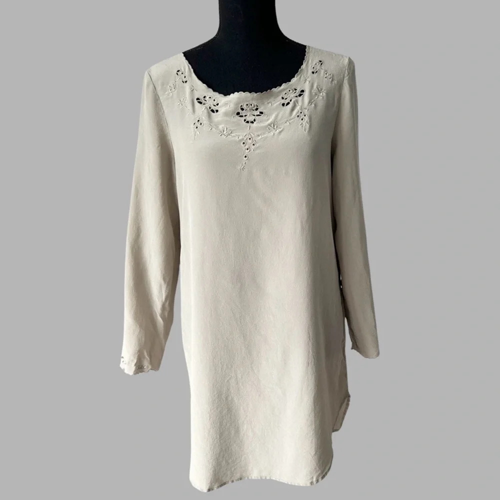 Oak Fort Taupe Pure Silk Laser Cutout Long Sleeve Shift Dress